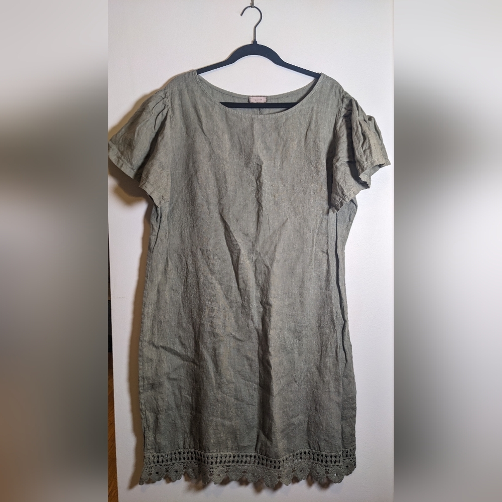 Saiph Lab Green 100% Linen Olive Sage Shift Dress with Embroidery sz 1X